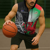 New Zealand and Wales Rugby Custom Sleeveless Zip Hoodie Aotearoa All Black Combine Welsh Dragon - Wonder Print Shop