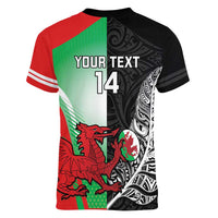 New Zealand and Wales Rugby Custom Women V-Neck T-Shirt Aotearoa All Black Combine Welsh Dragon - Wonder Print Shop