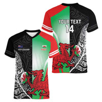New Zealand and Wales Rugby Custom Women V-Neck T-Shirt Aotearoa All Black Combine Welsh Dragon - Wonder Print Shop