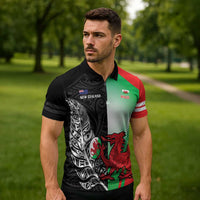 New Zealand and Wales Rugby Custom Zipper Polo Shirt Aotearoa All Black Combine Welsh Dragon - Wonder Print Shop