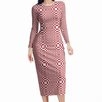 Red White Filipino Binakol Motifs Long Sleeve Bodycon Dress Mabuhay Philippines Festival Kusikus Pattern