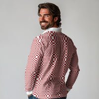 Red White Filipino Binakol Motifs Long Sleeve Polo Shirt Mabuhay Philippines Festival Kusikus Pattern