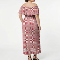 Red White Filipino Binakol Motifs Off Shoulder Maxi Dress Mabuhay Philippines Festival Kusikus Pattern