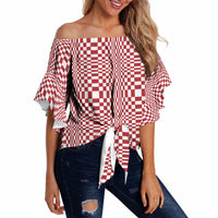 Red White Filipino Binakol Motifs Off Shoulder Wrap Waist Top Mabuhay Philippines Festival Kusikus Pattern