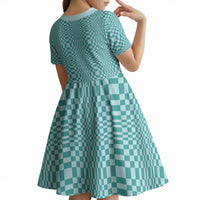 Cyan Filipino Binakol Motifs Kid Short Sleeve Dress Mabuhay Philippines Festival Kusikus Pattern