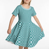 Cyan Filipino Binakol Motifs Kid Short Sleeve Dress Mabuhay Philippines Festival Kusikus Pattern