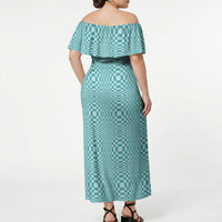 Cyan Filipino Binakol Motifs Off Shoulder Maxi Dress Mabuhay Philippines Festival Kusikus Pattern