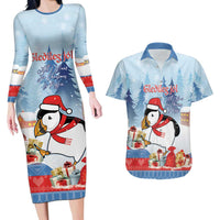 Personalised Puffin Iceland Christmas Couples Matching Long Sleeve Bodycon Dress and Hawaiian Shirt Merry Xmas Winter Vibes - Wonder Print Shop