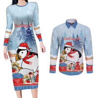 Personalised Puffin Iceland Christmas Couples Matching Long Sleeve Bodycon Dress and Long Sleeve Button Shirt Merry Xmas Winter Vibes - Wonder Print Shop