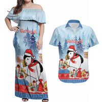 Personalised Puffin Iceland Christmas Couples Matching Off Shoulder Maxi Dress and Hawaiian Shirt Merry Xmas Winter Vibes - Wonder Print Shop