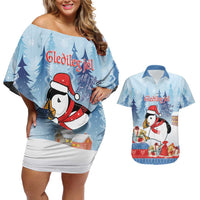 Personalised Puffin Iceland Christmas Couples Matching Off Shoulder Short Dress and Hawaiian Shirt Merry Xmas Winter Vibes - Wonder Print Shop