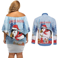 Personalised Puffin Iceland Christmas Couples Matching Off Shoulder Short Dress and Long Sleeve Button Shirt Merry Xmas Winter Vibes - Wonder Print Shop
