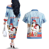 Personalised Puffin Iceland Christmas Couples Matching Off The Shoulder Long Sleeve Dress and Hawaiian Shirt Merry Xmas Winter Vibes - Wonder Print Shop