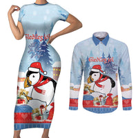 Personalised Puffin Iceland Christmas Couples Matching Short Sleeve Bodycon Dress and Long Sleeve Button Shirt Merry Xmas Winter Vibes - Wonder Print Shop