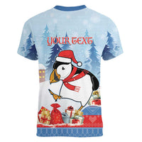 Personalised Puffin Iceland Christmas Women V-Neck T-Shirt Merry Xmas Winter Vibes - Wonder Print Shop