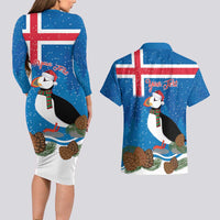 Personalised Iceland Christmas Couples Matching Long Sleeve Bodycon Dress and Hawaiian Shirt Puffin Santa Winter Flag Style - Wonder Print Shop