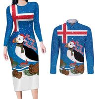 Personalised Iceland Christmas Couples Matching Long Sleeve Bodycon Dress and Long Sleeve Button Shirt Puffin Santa Winter Flag Style - Wonder Print Shop