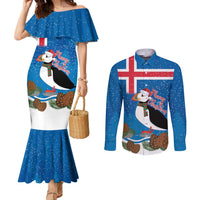 Personalised Iceland Christmas Couples Matching Mermaid Dress and Long Sleeve Button Shirt Puffin Santa Winter Flag Style - Wonder Print Shop