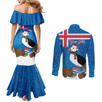 Personalised Iceland Christmas Couples Matching Mermaid Dress and Long Sleeve Button Shirt Puffin Santa Winter Flag Style - Wonder Print Shop