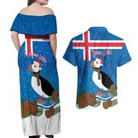Personalised Iceland Christmas Couples Matching Off Shoulder Maxi Dress and Hawaiian Shirt Puffin Santa Winter Flag Style - Wonder Print Shop