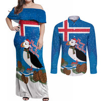 Personalised Iceland Christmas Couples Matching Off Shoulder Maxi Dress and Long Sleeve Button Shirt Puffin Santa Winter Flag Style - Wonder Print Shop