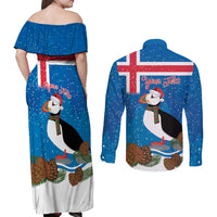 Personalised Iceland Christmas Couples Matching Off Shoulder Maxi Dress and Long Sleeve Button Shirt Puffin Santa Winter Flag Style - Wonder Print Shop
