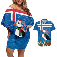 Personalised Iceland Christmas Couples Matching Off Shoulder Short Dress and Hawaiian Shirt Puffin Santa Winter Flag Style - Wonder Print Shop