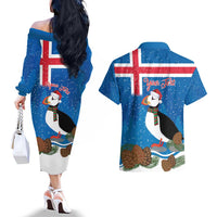 Personalised Iceland Christmas Couples Matching Off The Shoulder Long Sleeve Dress and Hawaiian Shirt Puffin Santa Winter Flag Style - Wonder Print Shop