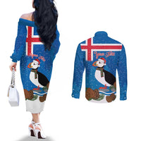 Personalised Iceland Christmas Couples Matching Off The Shoulder Long Sleeve Dress and Long Sleeve Button Shirt Puffin Santa Winter Flag Style - Wonder Print Shop