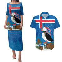 Personalised Iceland Christmas Couples Matching Puletasi and Hawaiian Shirt Puffin Santa Winter Flag Style - Wonder Print Shop