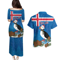 Personalised Iceland Christmas Couples Matching Puletasi and Hawaiian Shirt Puffin Santa Winter Flag Style - Wonder Print Shop