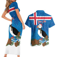 Personalised Iceland Christmas Couples Matching Short Sleeve Bodycon Dress and Hawaiian Shirt Puffin Santa Winter Flag Style - Wonder Print Shop