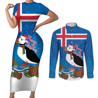 Personalised Iceland Christmas Couples Matching Short Sleeve Bodycon Dress and Long Sleeve Button Shirt Puffin Santa Winter Flag Style - Wonder Print Shop