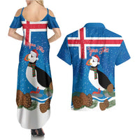 Personalised Iceland Christmas Couples Matching Summer Maxi Dress and Hawaiian Shirt Puffin Santa Winter Flag Style - Wonder Print Shop