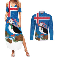Personalised Iceland Christmas Couples Matching Summer Maxi Dress and Long Sleeve Button Shirt Puffin Santa Winter Flag Style - Wonder Print Shop