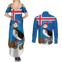 Personalised Iceland Christmas Couples Matching Summer Maxi Dress and Long Sleeve Button Shirt Puffin Santa Winter Flag Style - Wonder Print Shop
