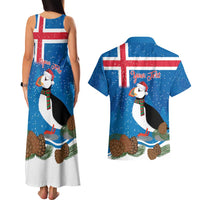 Personalised Iceland Christmas Couples Matching Tank Maxi Dress and Hawaiian Shirt Puffin Santa Winter Flag Style - Wonder Print Shop