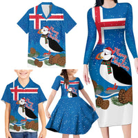 Personalised Iceland Christmas Family Matching Long Sleeve Bodycon Dress and Hawaiian Shirt Puffin Santa Winter Flag Style - Wonder Print Shop
