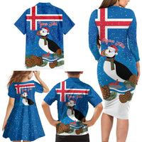 Personalised Iceland Christmas Family Matching Long Sleeve Bodycon Dress and Hawaiian Shirt Puffin Santa Winter Flag Style - Wonder Print Shop