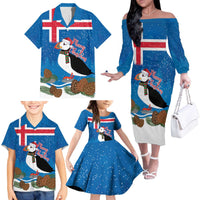 Personalised Iceland Christmas Family Matching Off The Shoulder Long Sleeve Dress and Hawaiian Shirt Puffin Santa Winter Flag Style - Wonder Print Shop