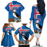 Personalised Iceland Christmas Family Matching Off The Shoulder Long Sleeve Dress and Hawaiian Shirt Puffin Santa Winter Flag Style - Wonder Print Shop
