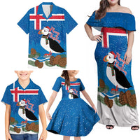 Personalised Iceland Christmas Family Matching Off Shoulder Maxi Dress and Hawaiian Shirt Puffin Santa Winter Flag Style - Wonder Print Shop