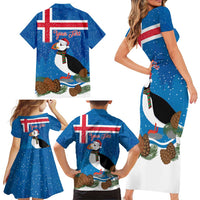 Personalised Iceland Christmas Family Matching Short Sleeve Bodycon Dress and Hawaiian Shirt Puffin Santa Winter Flag Style - Wonder Print Shop