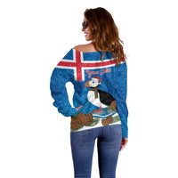 Personalised Iceland Christmas Off Shoulder Sweater Puffin Santa Winter Flag Style - Wonder Print Shop