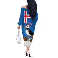 Personalised Iceland Christmas Off The Shoulder Long Sleeve Dress Puffin Santa Winter Flag Style - Wonder Print Shop