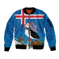 Personalised Iceland Christmas Sleeve Zip Bomber Jacket Puffin Santa Winter Flag Style - Wonder Print Shop