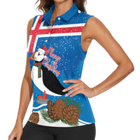 Personalised Iceland Christmas Women Sleeveless Polo Shirt Puffin Santa Winter Flag Style - Wonder Print Shop