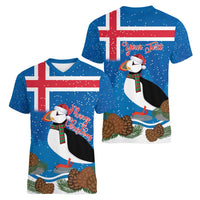 Personalised Iceland Christmas Women V-Neck T-Shirt Puffin Santa Winter Flag Style - Wonder Print Shop