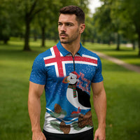 Personalised Iceland Christmas Zipper Polo Shirt Puffin Santa Winter Flag Style - Wonder Print Shop