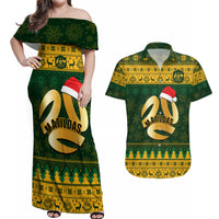Personalised Australia Matildas Christmas Couples Matching Off Shoulder Maxi Dress and Hawaiian Shirt Merry Xmas 2023 National Color - Wonder Print Shop